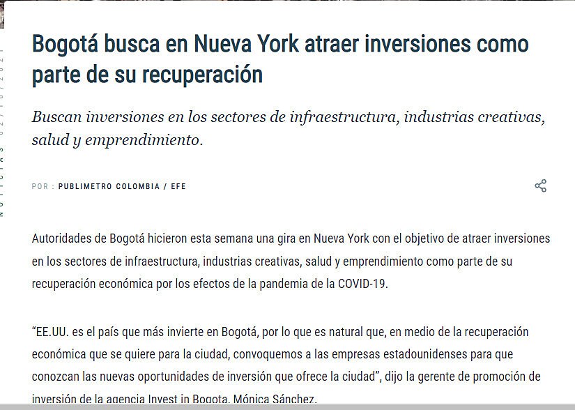 Bogot busca en Nueva York atraer inversiones como parte de su recuperacin